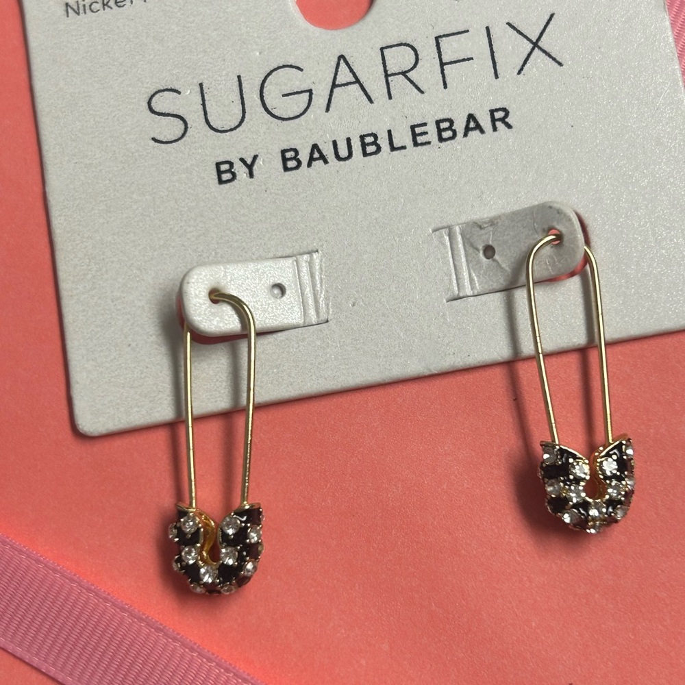 BaubleBar Gold Safety Pin with black and white Rhinestones Earrings NWT